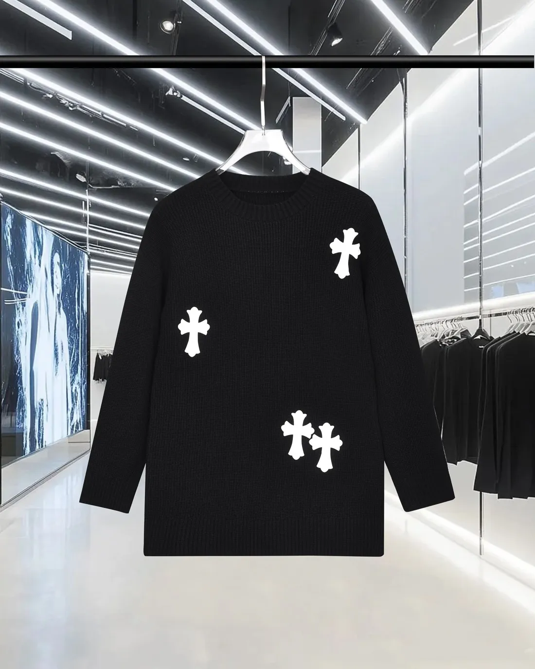 P270 Chrome Hearts/Cro Heart OS Loose Fit 2025fw Autumn and Winter New Style Classic Customized Leather Cross 🪡logo Round Neck Long Sleeve Off Shoulder Sweater Wool Sweater Imported Wool Blended Fabric Exquisitely Upgraded, Inspired by the 1980s Retro Original Fabric Official Same Style Round Neck Long Sleeve Suit Customized Mesh Sweater Thick Knitted Fabric Feels Very Comfortable Latest Brick Cabinet Synchronization for Spring and Summer Fashionable and Individual Super Versatile and Good-looking Style Very Suitable for Men and Women A must-have for everyone, hang tag, collar label, washed wheat, three labels complete. Color: black. white. Size: M-3XL